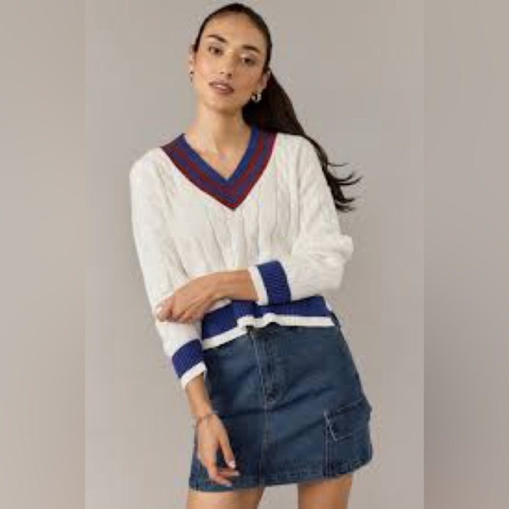 Francesca's Collections V-Neck Sweater - White, Blue, and Red